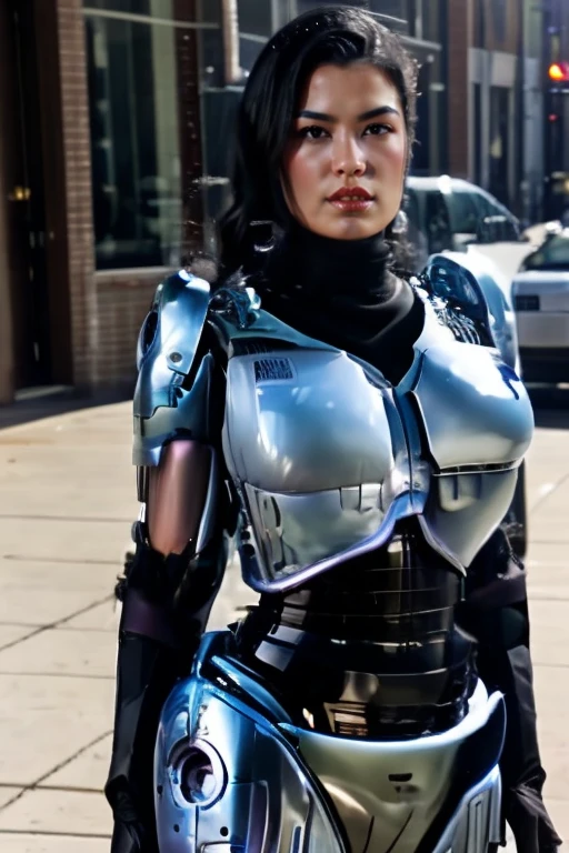 Female Robocop, tall, busty, beautiful woman, sticky white translucent liquid splashed on her body
