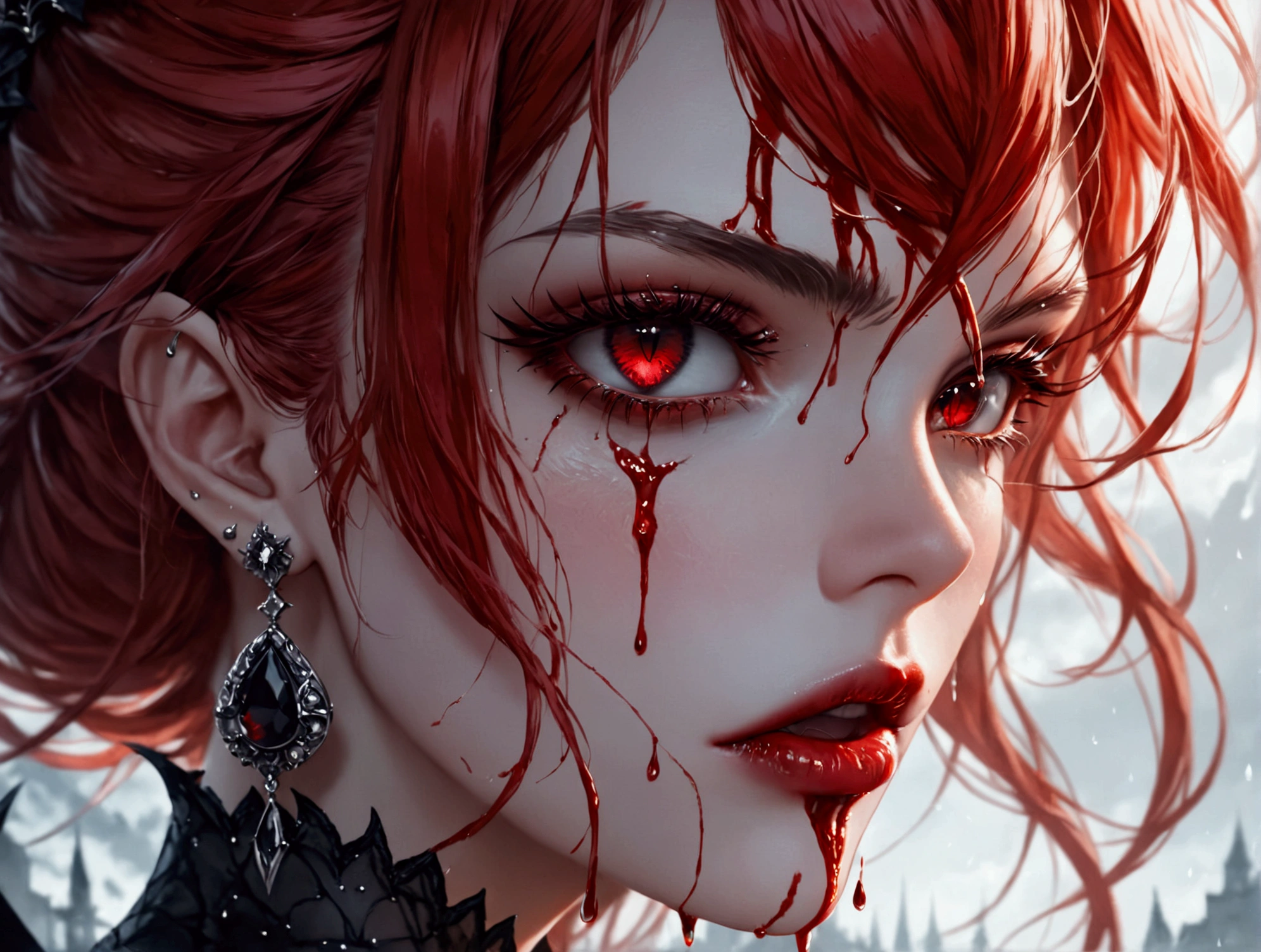 a portrait of vampire with a bloody tear coming down from he eye, an exotic beautiful female vampire, red hair color, dynamic hair style, ultra detailed face, best detailed face, silver eye color, ((1single red teardrop: 1.3)), ((tear drop made from blood)), ((teardrop coming down from the eye: 1.3)), small cleavage, wearing two black diamond earrings, Ultra-high resolution, High Contrast, (masterpiece:1.5), highest quality, Best aesthetics), 16K fantasy art, best details, best quality, highres, (ultra wide angle: 1.2), 16k, [ultra detailed], masterpiece, best quality, (extremely detailed), Intense gaze Haute_Couture, vampire, rpg portrait, photograph