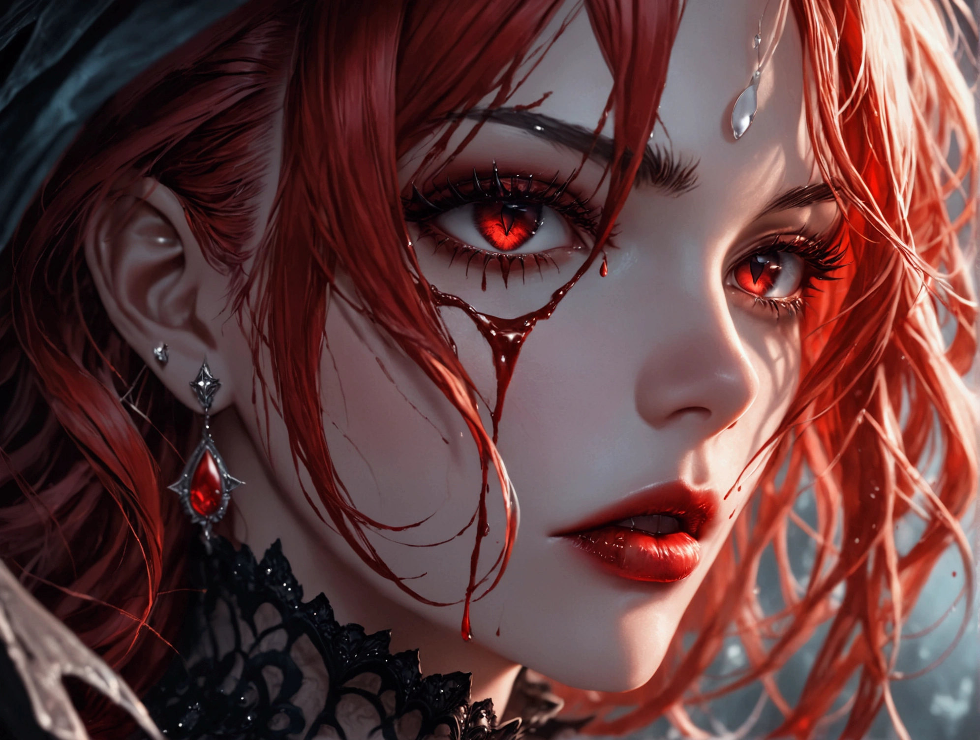 a portrait of vampire with a bloody tear coming down from he eye, an exotic beautiful female vampire, red hair color, dynamic hair style, ultra detailed face, best detailed face, silver eye color, ((1single red teardrop: 1.3)), ((tear drop made from blood)), ((teardrop coming down from the eye: 1.3)), small cleavage, wearing two black diamond earrings, Ultra-high resolution, High Contrast, (masterpiece:1.5), highest quality, Best aesthetics), 16K fantasy art, best details, best quality, highres, (ultra wide angle: 1.2), 16k, [ultra detailed], masterpiece, best quality, (extremely detailed), Intense gaze Haute_Couture, vampire, rpg portrait, photograph