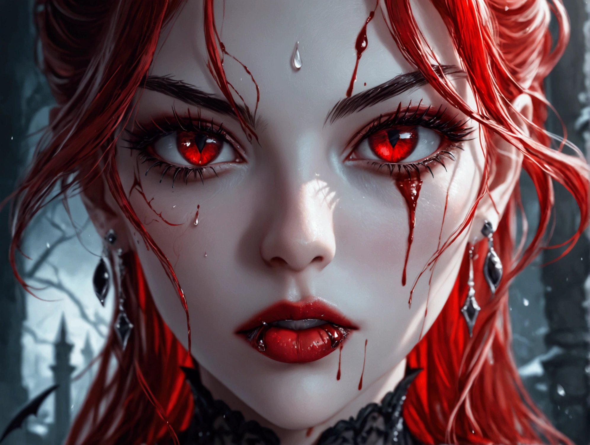 a portrait of vampire with a bloody tear coming down from he eye, an exotic beautiful female vampire, red hair color, dynamic hair style, ultra detailed face, best detailed face, silver eye color, ((1single red teardrop: 1.3)), ((tear drop made from blood)), ((teardrop coming down from the eye: 1.3)), small cleavage, wearing two black diamond earrings, Ultra-high resolution, High Contrast, (masterpiece:1.5), highest quality, Best aesthetics), 16K fantasy art, best details, best quality, highres, (ultra wide angle: 1.2), 16k, [ultra detailed], masterpiece, best quality, (extremely detailed), Intense gaze Haute_Couture, vampire, rpg portrait, photograph