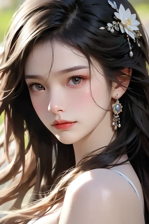 Ladies and bouquets,Portrait close-up,She looked at me with very beautiful and kind eyes,Detailed Schneider pastel ink, soft and fantastic, Fluffy, (Extremely fine and beautiful), (perfect detail)、(pastel color),Soft texture:1.2.(masutepiece, Best quality), (finely detailed beautiful eye),(Dark bright eyes),(finely detailed eyes and detailed face),(Jet-black silky hair),The hue is also noticeably brighter,Pale blurred silhouette,((Beautiful nipples)),(A piercing gaze that kills),Light Brown Hair,Each strand of hair clearly flutters in the wind,East Asian of Korean descent,Bright brown hair,Shoulders exposed skin,(Light brown hair),(Achieve vivid texture of each strand of hair),(High-resolution image quality that is as clear as a real photograph),(Photograph the face from the front),