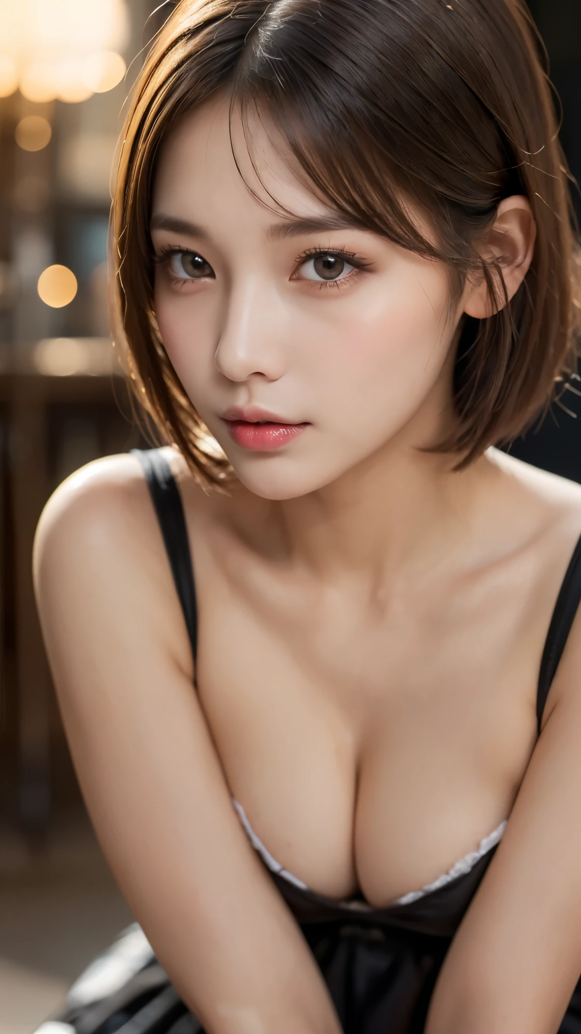 (photorealistic, 32k, RAW photo, best quality: 1.5), (masterpiece:1.3), (absurdres, attractive, ultra high resolution, ultra realistic, highly detailed, golden ratio, ultra detailed, super fucking beautiful detailed face), natural makeup, detailed cloth texture, detailed hair texture, beautiful detailed fullbody, Perfect female body, accurate, Anatomically correct, Highly detailed face and skin texture, (beautiful hands), (realistic skin), (beautiful pale skin:1.1), (Perfect dynamic composition, looking at viewer), (cowboy shot:1.3),
BREAK,
realistic eyes, beautiful detailed eyes, symmetric eyes, Light Brown eyes, Double eyelids, Thin eyebrows, (Glossy lips:1.4), ((A face with waiting for a kiss:1.2)), (blush:1.1),
BREAK,
((short hair, bob, Dark blonde hair, bangs:1.2)), (French Maid Uniform:1.4)