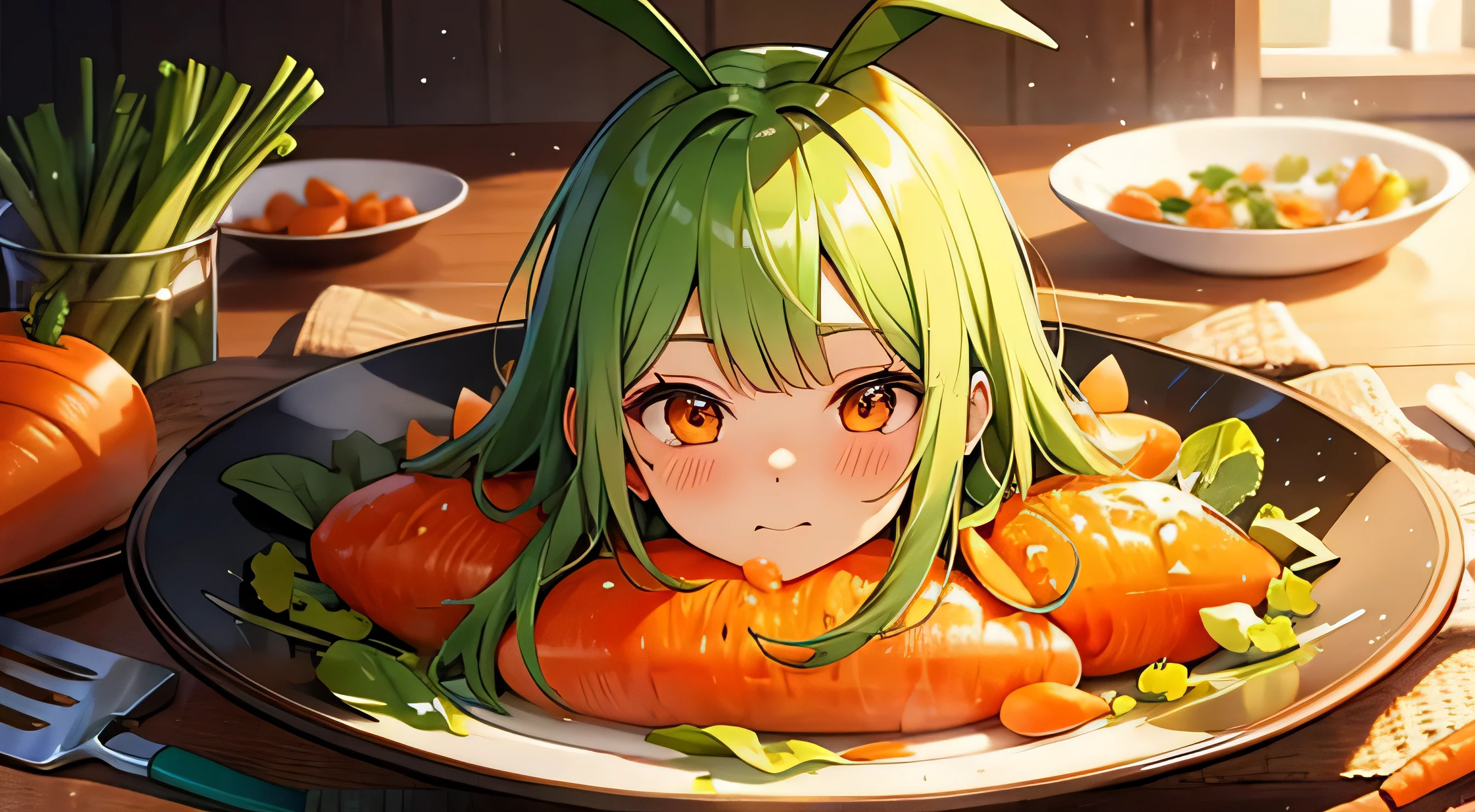 Ginseng、Carrot salad、eat、Blushing、Green Hair、