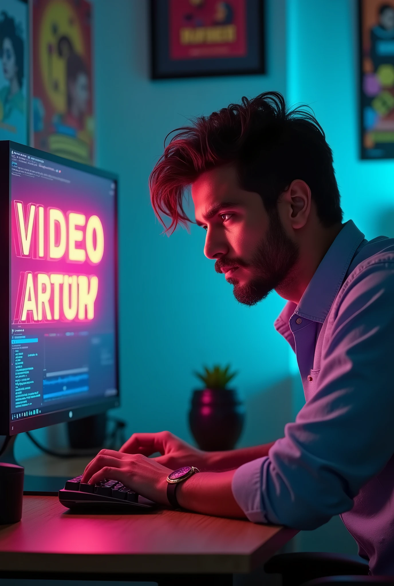 A chocolate color boy him video editor him age 19 him hair style and beard like hiruthikroshan
Him Monitor showing (you want a video editor? Don't worry I'm available 0761387227) this letters clearly showing in him computer monitor
He dressing shirt