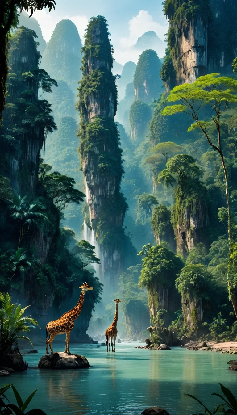 araffe standing on a rock in a river surrounded by trees, karst pillars forest, mountains river trees, majestic nature scenery, jungles of vietnam beautiful, stunning nature in background, chinese landscape, forest and river, very beautiful scenery, beautiful jungle landscape, amazing landscape, trees and cliffs, . background: jungle river, mountainous jungle setting, beautiful jungle