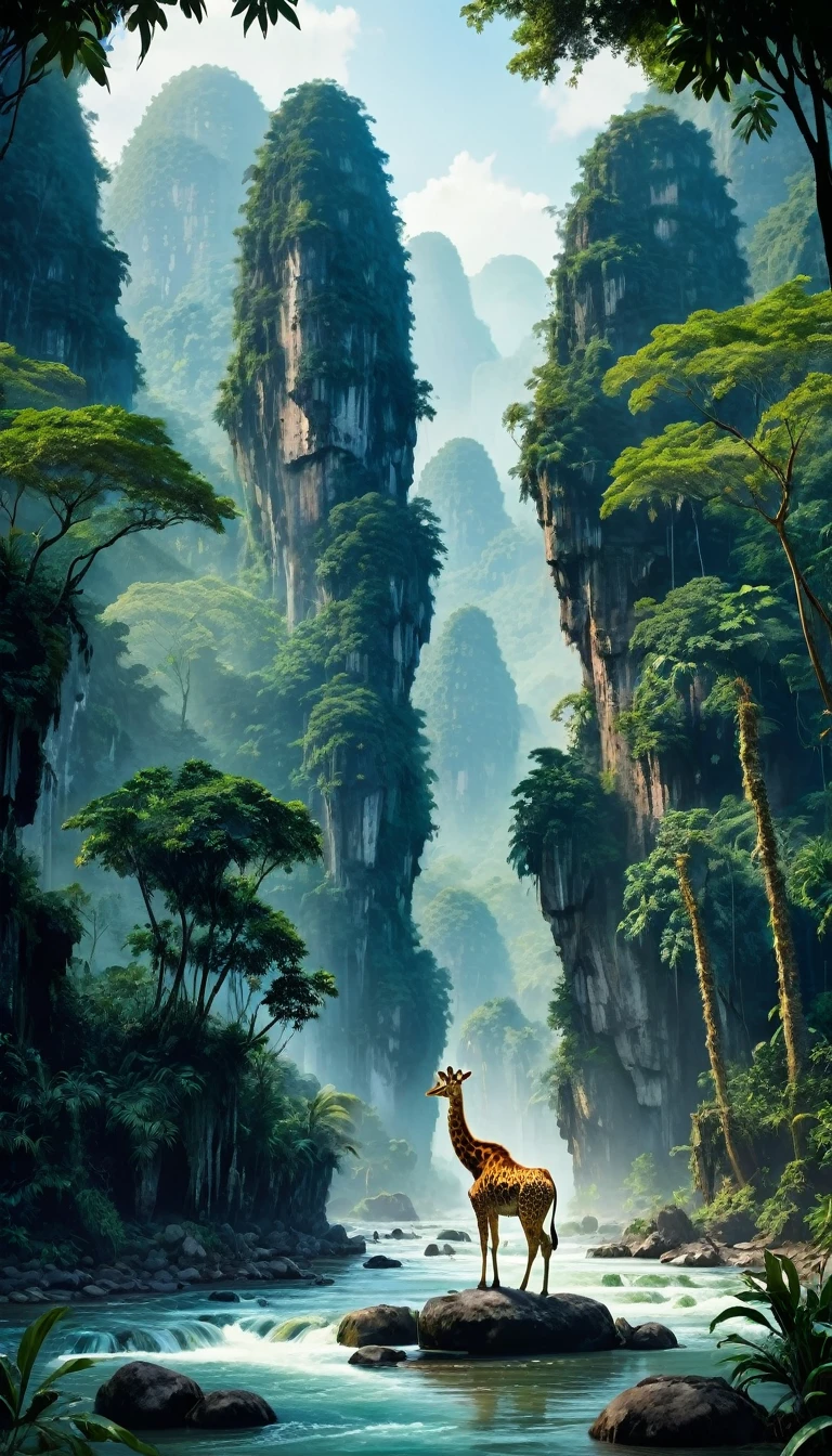araffe standing on a rock in a river surrounded by trees, karst pillars forest, mountains river trees, majestic nature scenery, jungles of vietnam beautiful, stunning nature in background, chinese landscape, forest and river, very beautiful scenery, beautiful jungle landscape, amazing landscape, trees and cliffs, . background: jungle river, mountainous jungle setting, beautiful jungle