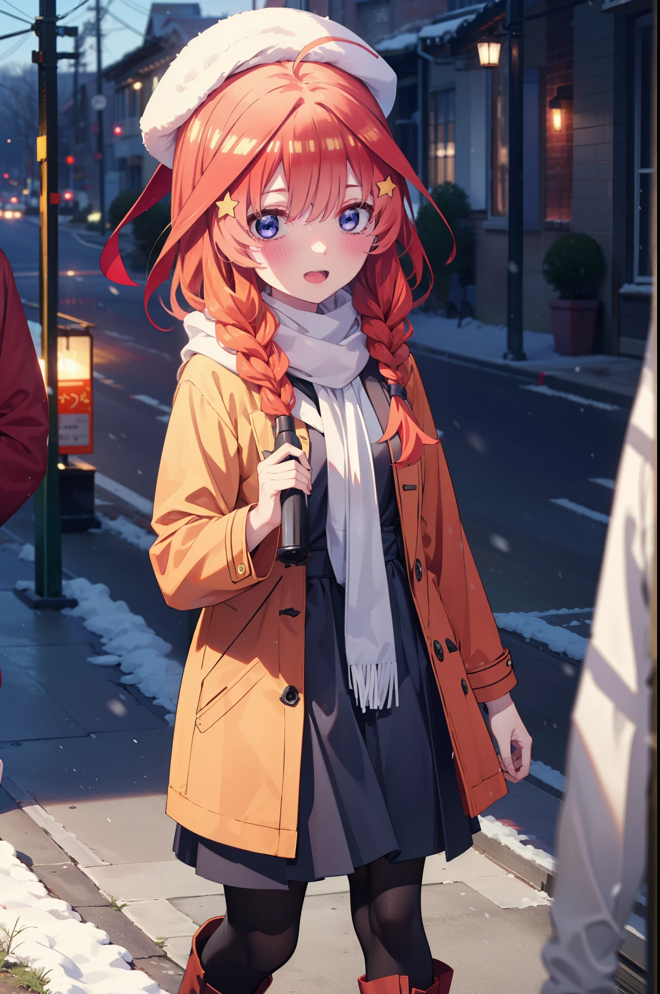 itsukinakano, Itsuki Nakano, bangs, blue eyes, Hair between the eyes, Ahoge, Redhead, star \(symbol\), hair ornaments, star hair ornaments,smile,Open your mouth,White Breath,blush,Long, thick braids,Knitted hat,White scarf,Red long coat,V-neck sweater,Black long skirt,Red pantyhose,short boots,snowが降っている,snowが積もっている,snow,snow,snow,snow,Walking,whole bodyがイラストに入るように,night,
break outdoors,Residential Street,
break looking at viewer, whole body,
break (masterpiece:1.2), Highest quality, High resolution, unity 8k wallpaper, (figure:0.8), (Beautiful attention to detail:1.6), Highly detailed face, Perfect lighting, Highly detailed CG, (Perfect hands, Perfect Anatomy),
