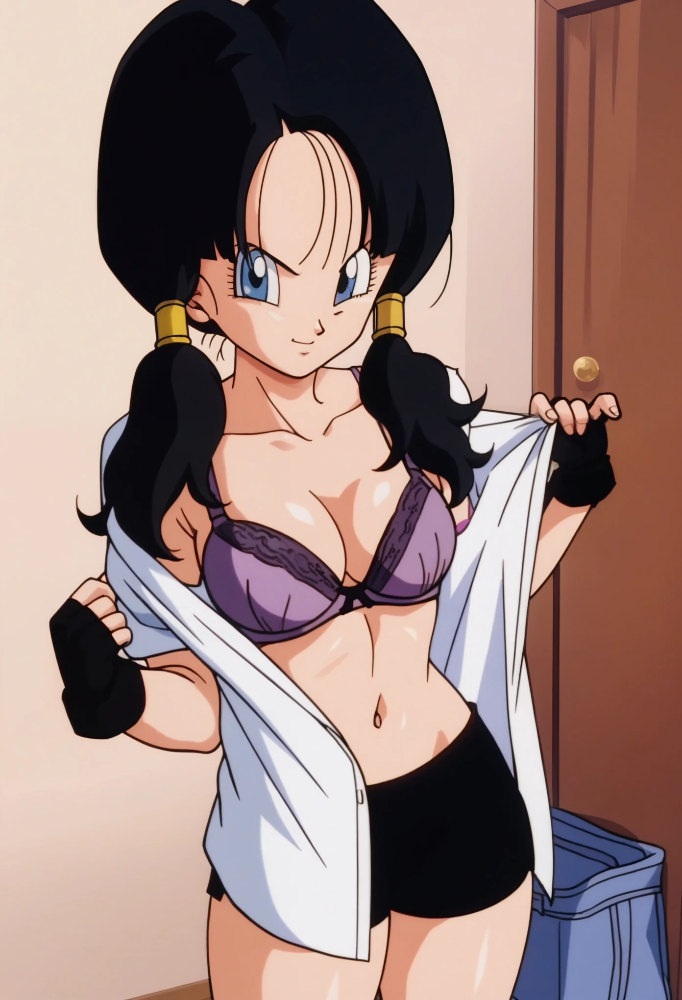 source_anime, score_9, score_8_up, score_7_up, anime screencap,
videldbz, 1girl, solo, looking at viewer, long hair, blue eyes, black hair, ponytails, (((bra))), (((shirt undressing))), thick thighs, white shirt, contryside, fingerless gloves, black shorts