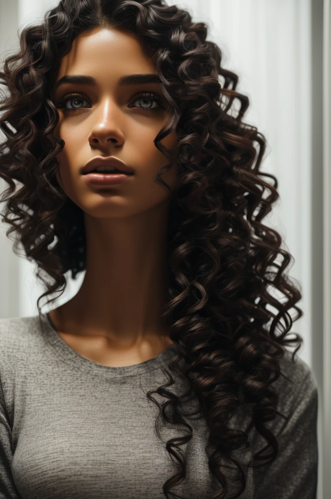 A young woman with beautiful detailed eyes, beautiful detailed lips, extremely detailed face, long eyelashes, light brown skin, black curly hair, wearing a simple casual outfit, chained up, looking scared and sad, in a plain white room, (best quality,8k,highres,masterpiece:1.2),ultra-detailed,(realistic,photorealistic,photo-realistic:1.37),cinematic lighting,dramatic shadows,moody atmosphere