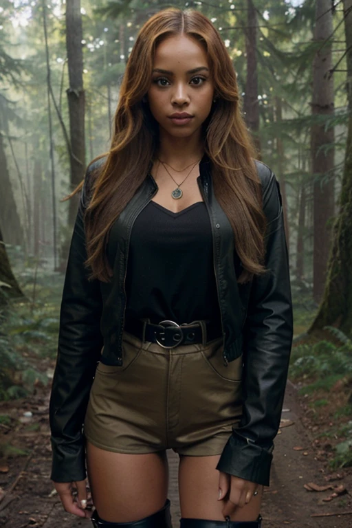 Toni Topaz, Vanessa Morgan, Teen Wolf, seductive, woman, 18 years old, long blonde hair, slim build, brown eyes, green and black blouse, black jacket, blue jeans, black belt with heart buckle, long black boots, necklace snake, forest background with fog looking dw in front of the viewer
