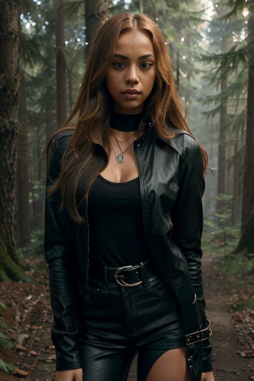 Toni Topaz, Vanessa Morgan, Teen Wolf, seductive, woman, 18 years old, long blonde hair, slim build, brown eyes, green and black blouse, black jacket, blue jeans, black belt with heart buckle, long black boots, necklace snake, forest background with fog looking dw in front of the viewer