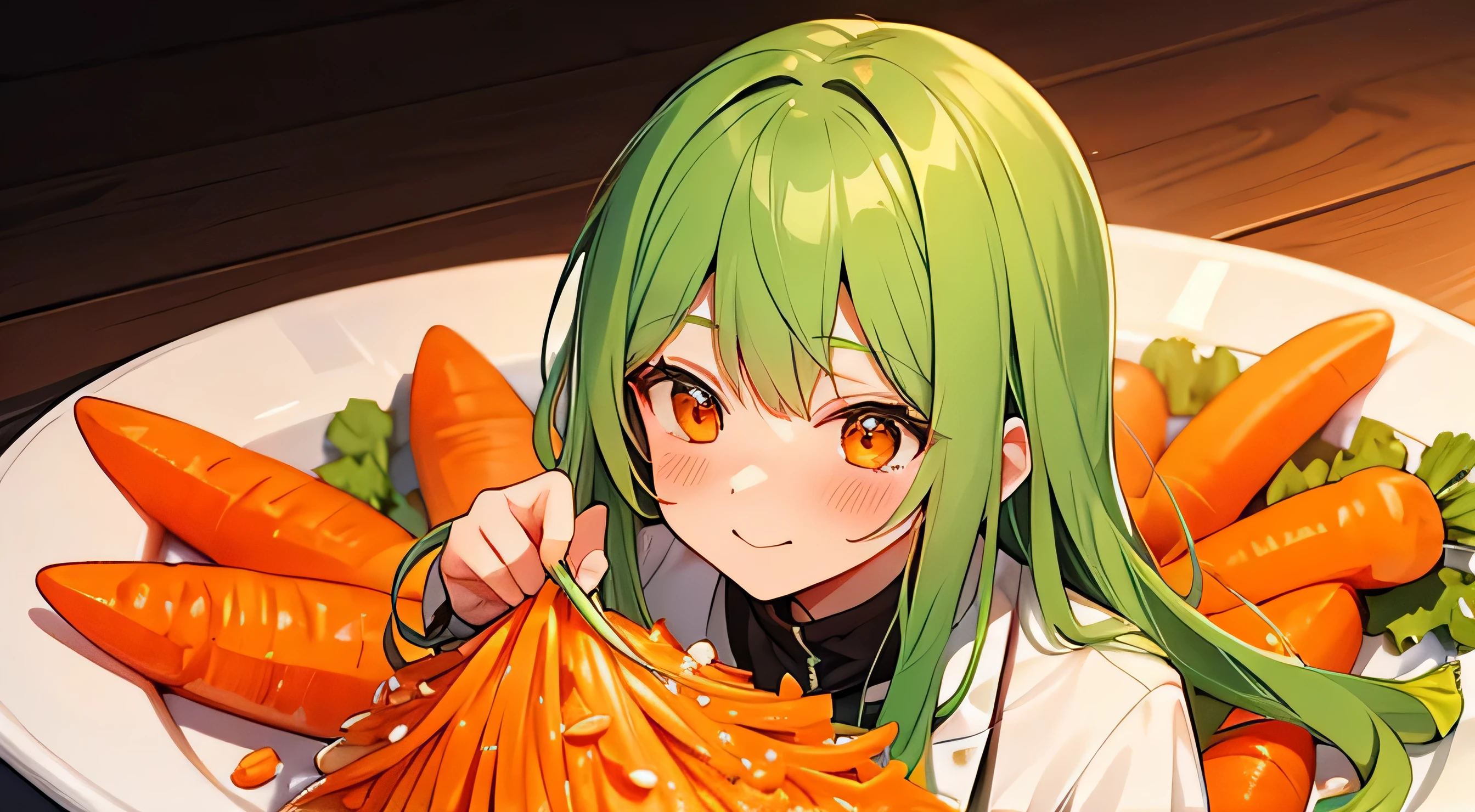 Ginseng、Carrot salad、eat、Blushing、Green Hair、