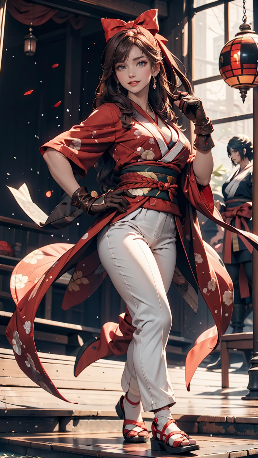 masterpiece, Highest quality,One person, alone, Stagnation, red bow, bow, Long Hair, hair bow, Ainu clothing, alone, hair band, Black Hair, fingerless gloves, Short sleeve, gloves, sash, bangs, red hair band, chest, Brown eyes, White pants, kimono, masterpiece, A light smile, (figure: 1.5), Running towards the audience