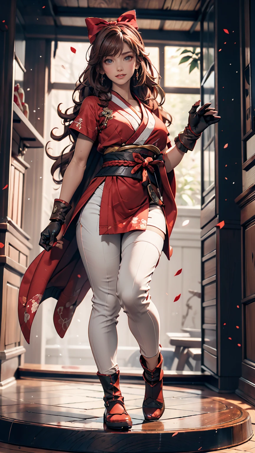 masterpiece, Highest quality,One person, alone, Stagnation, red bow, bow, Long Hair, hair bow, Ainu clothing, alone, hair band, Black Hair, fingerless gloves, Short sleeve, gloves, sash, bangs, red hair band, chest, Brown eyes, White pants, kimono, masterpiece, A light smile, (figure: 1.5), Running towards the audience