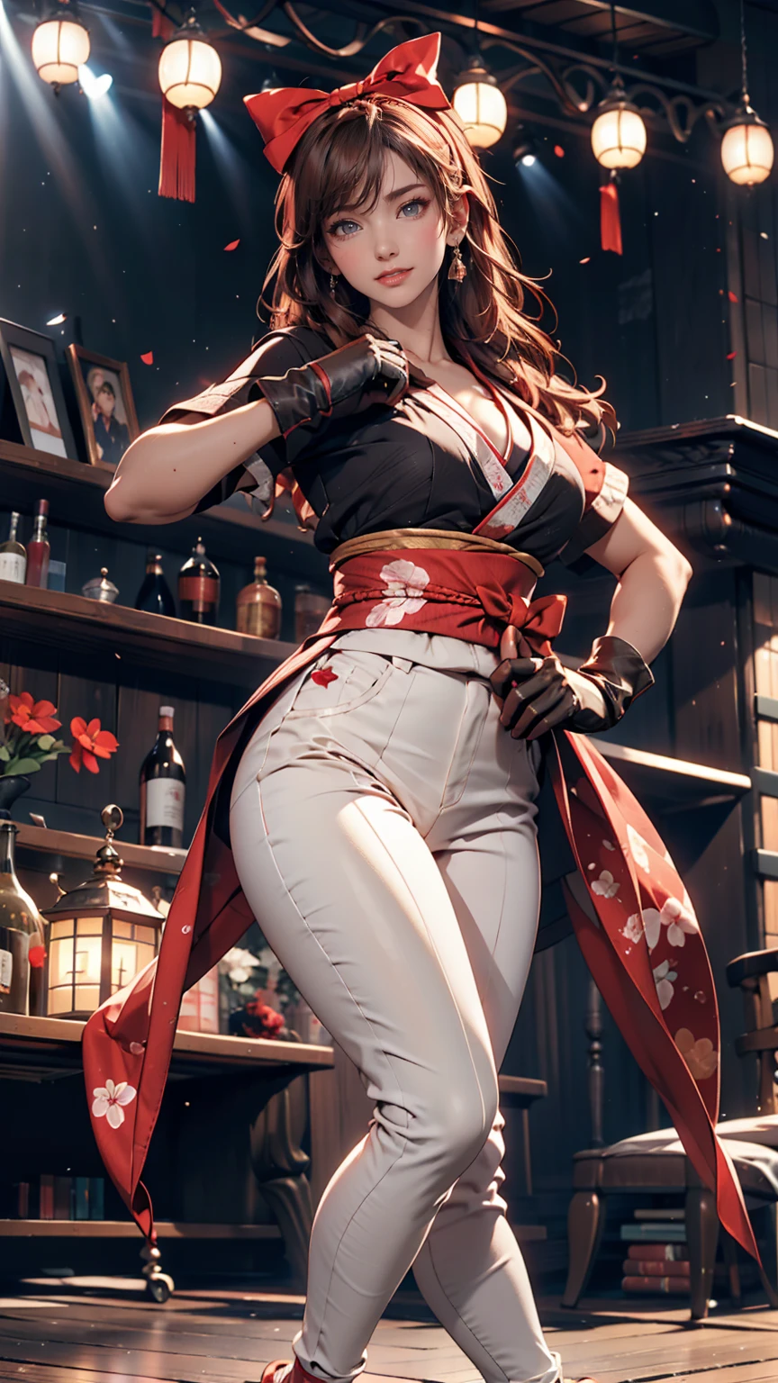 masterpiece, Highest quality,One person, alone, Stagnation, red bow, bow, Long Hair, hair bow, Ainu clothing, alone, hair band, Black Hair, fingerless gloves, Short sleeve, gloves, sash, bangs, red hair band, chest, Brown eyes, White pants, kimono, masterpiece, A light smile, (figure: 1.5), Running towards the audience