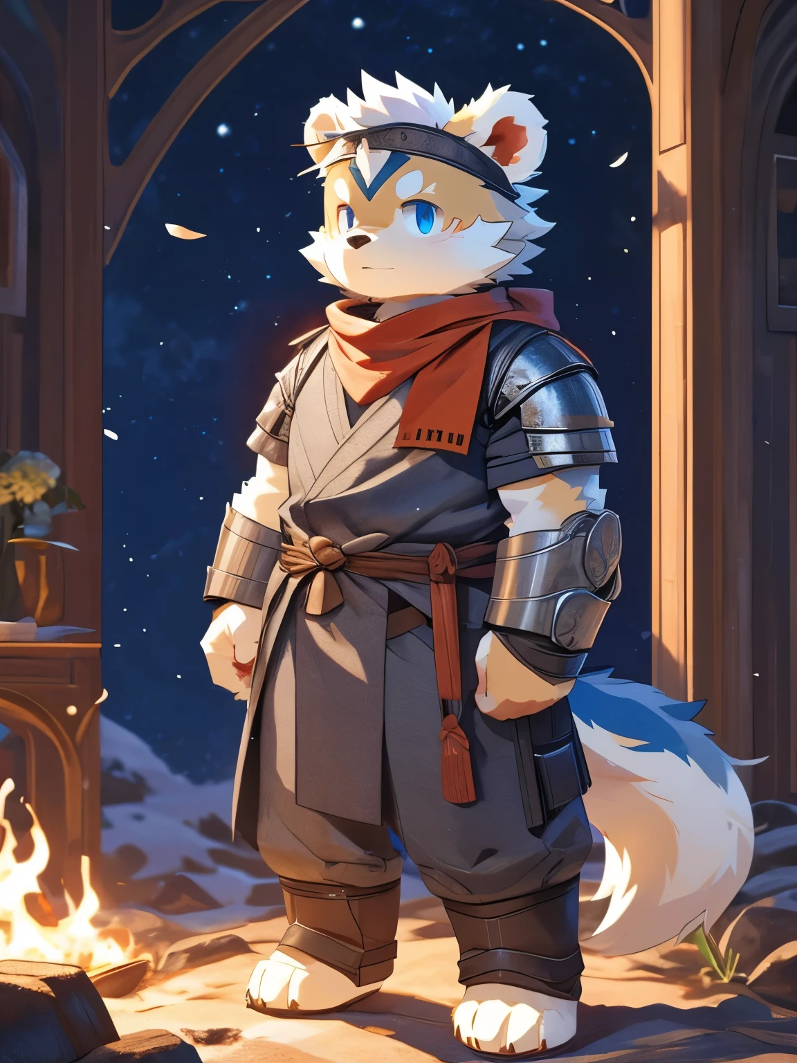 nj5furry,kemono,full-length portrait,anthro,hi res,male,White hair,Bear,warrior,Blue headband,Orange scarf,Metal Armor,strong,Fluffy hair,A tail,Delicate eyes,Detailed eyes