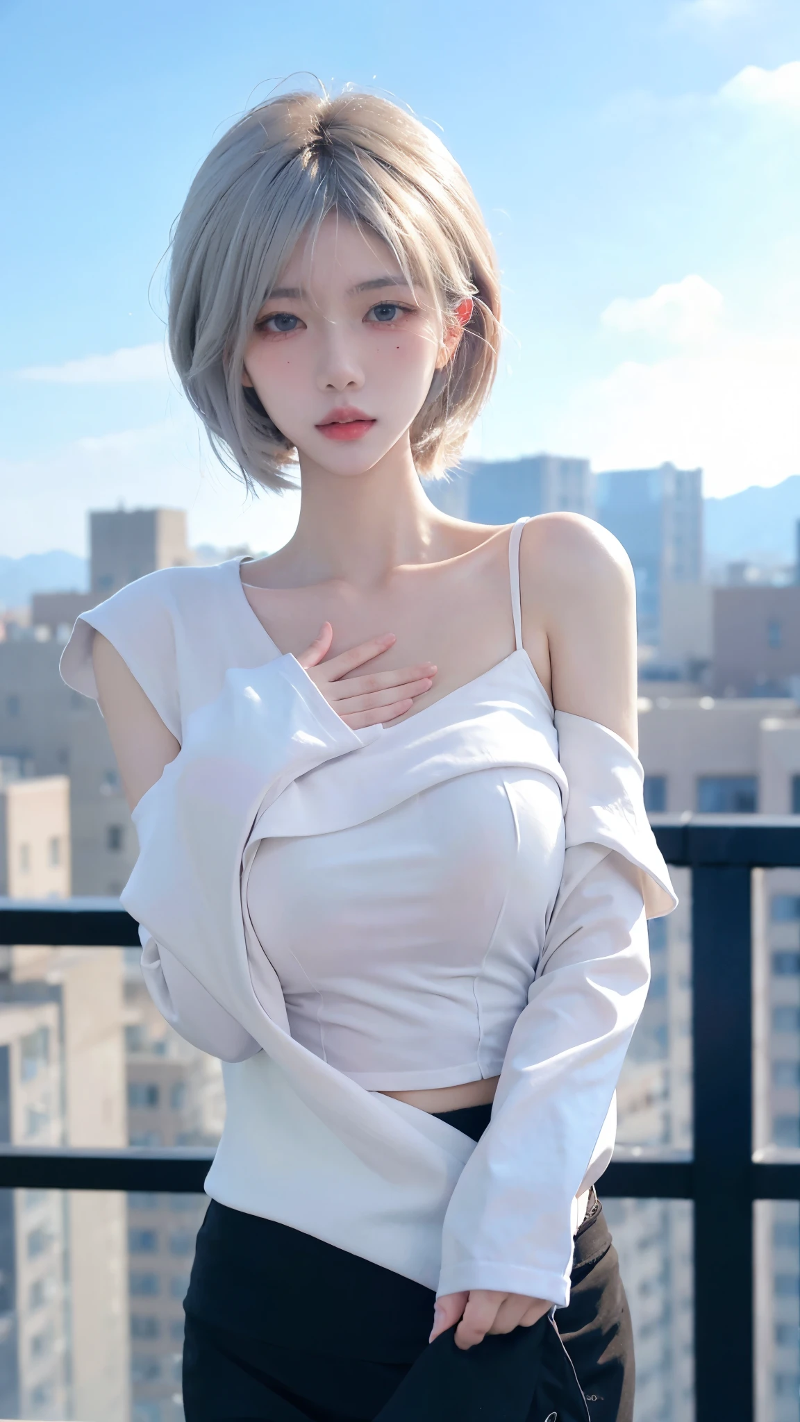 Beautiful woman with perfect figure:1.4，Swimming background，Desert Background，Ultra-high resolution，Seductive laughter，wear glasses，White legs，（lifelike：1.4），Layered Hairstyle，White皮肤，Super short pleated skirt，whole body，Very delicate face and skin texture，Double eyelids，Skin Whitening，Long hair，White hair，White，