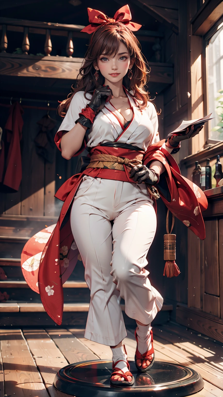 masterpiece, Highest quality,One person, alone, Stagnation, red bow, bow, Long Hair, hair bow, Ainu clothing, alone, hair band, Black Hair, fingerless gloves, Short sleeve, gloves, sash, bangs, red hair band, chest, Brown eyes, White pants, kimono, masterpiece, A light smile, (figure: 1.5), Running towards the audience