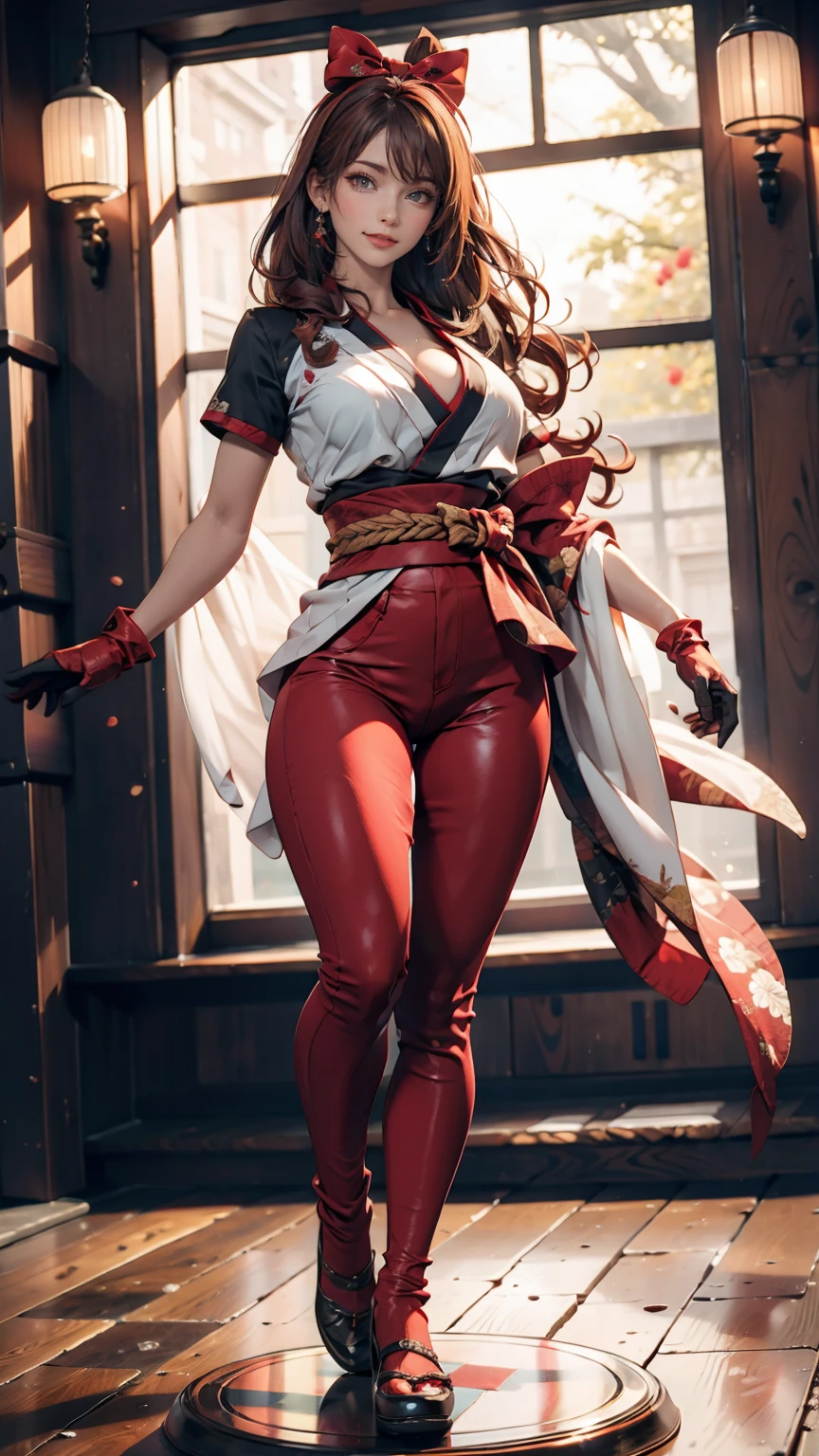 masterpiece, Highest quality,One person, alone, Stagnation, red bow, bow, Long Hair, hair bow, Ainu clothing, alone, hair band, Black Hair, fingerless gloves, Short sleeve, gloves, sash, bangs, red hair band, chest, Brown eyes, White pants, kimono, masterpiece, A light smile, (figure: 1.5), Running towards the audience