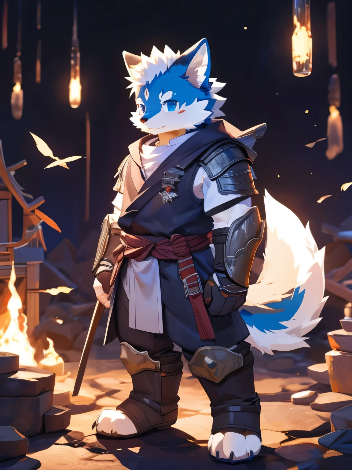 nj5furry,kemono,full-length portrait,anthro,hi res,male,White Wolf,warrior,Metal Armor,strong,Fluffy hair,Plush tail,A tail,Delicate eyes,Detailed eyes