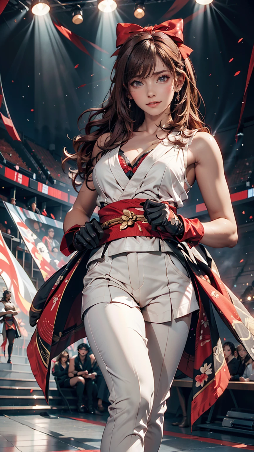 masterpiece, Highest quality,One person, alone, Stagnation, red bow, bow, Long Hair, hair bow, Ainu clothing, alone, hair band, Black Hair, fingerless gloves, Short sleeve, gloves, sash, bangs, red hair band, chest, Brown eyes, White pants, kimono, masterpiece, A light smile, (figure: 1.5), Running towards the audience