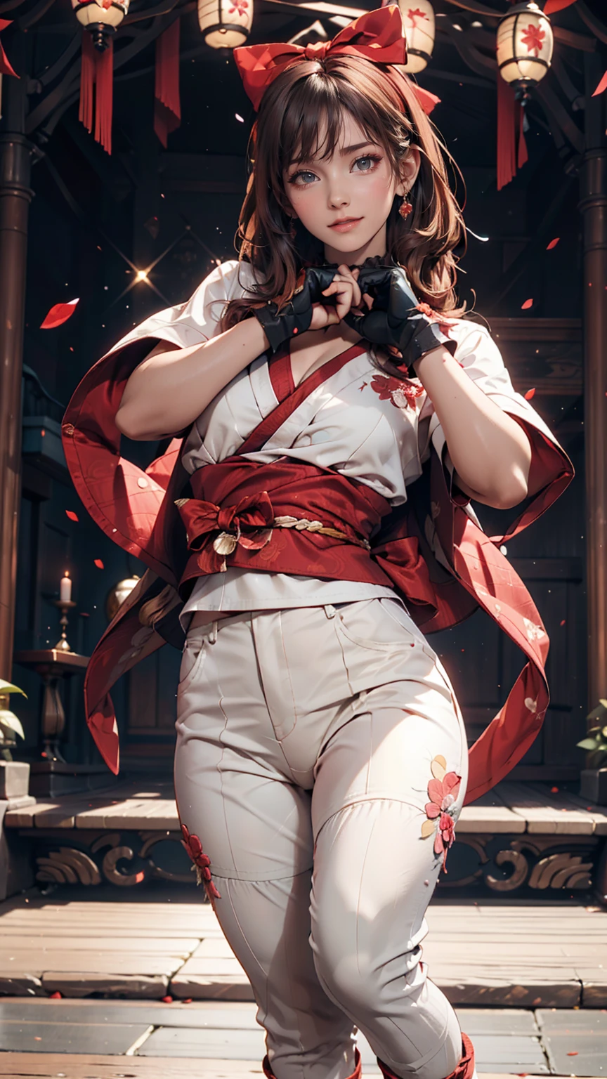 masterpiece, Highest quality,One person, alone, Stagnation, red bow, bow, Long Hair, hair bow, Ainu clothing, alone, hair band, Black Hair, fingerless gloves, Short sleeve, gloves, sash, bangs, red hair band, chest, Brown eyes, White pants, kimono, masterpiece, A light smile, (figure: 1.5), Running towards the audience