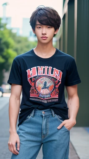 男子university student、18-year-old、athlete、tall、Muscular、wild、Sports Club、Short Hair、Hair standing up with wax、cool、wildイケメン、university student、195cm、Naughty、T-Shirts、Wide-leg jeans、American Fashion