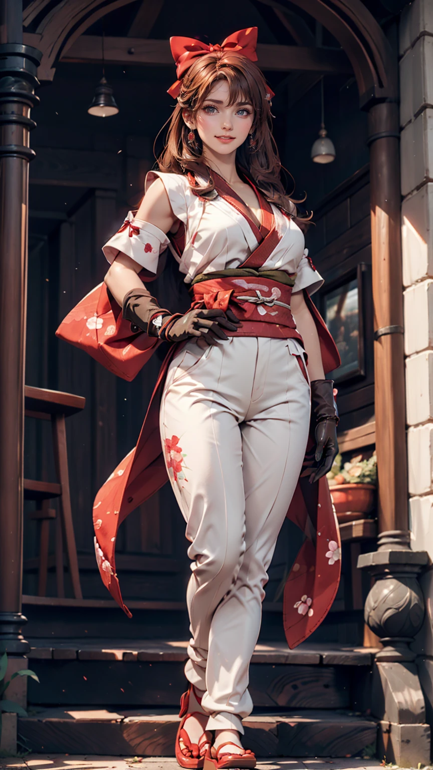 masterpiece, Highest quality,One person, alone, Stagnation, red bow, bow, Long Hair, hair bow, Ainu clothing, alone, hair band, Black Hair, fingerless gloves, Short sleeve, gloves, sash, bangs, red hair band, chest, Brown eyes, White pants, kimono, masterpiece, A light smile, (figure: 1.5), Running towards the audience