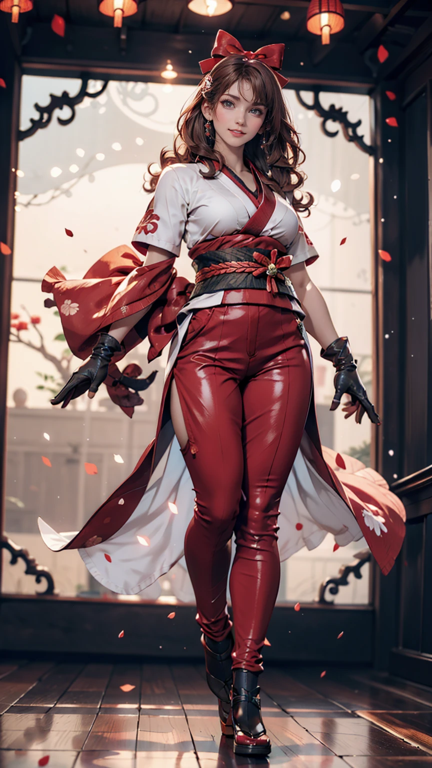 masterpiece, Highest quality,One person, alone, Stagnation, red bow, bow, Long Hair, hair bow, Ainu clothing, alone, hair band, Black Hair, fingerless gloves, Short sleeve, gloves, sash, bangs, red hair band, chest, Brown eyes, White pants, kimono, masterpiece, A light smile, (figure: 1.5), Running towards the audience