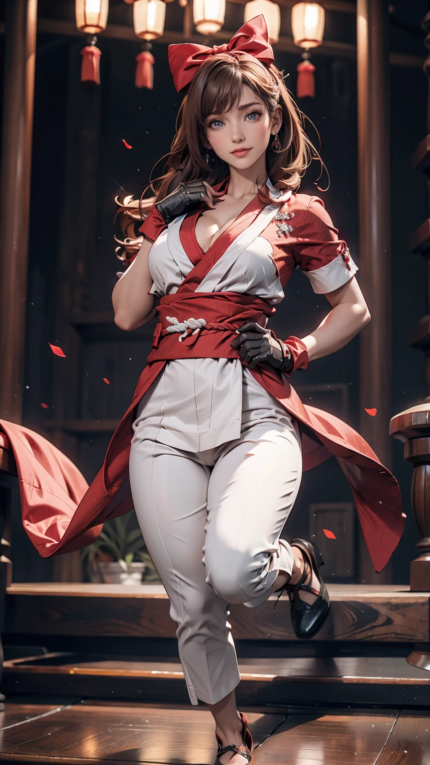 masterpiece, Highest quality,One person, alone, Stagnation, red bow, bow, Long Hair, hair bow, Ainu clothing, alone, hair band, Black Hair, fingerless gloves, Short sleeve, gloves, sash, bangs, red hair band, chest, Brown eyes, White pants, kimono, masterpiece, A light smile, (figure: 1.5), Running towards the audience