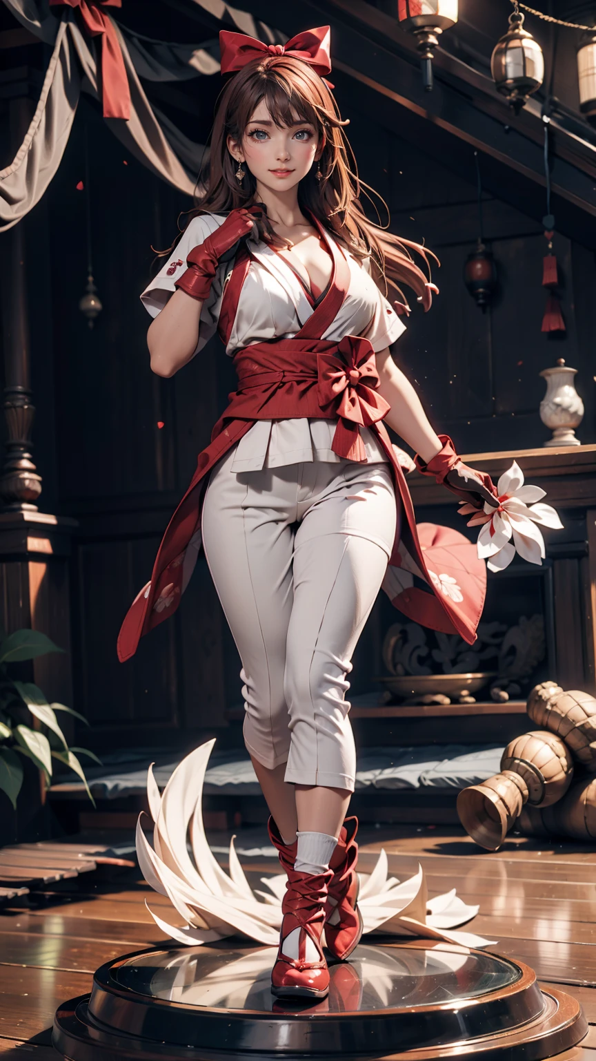 masterpiece, Highest quality,One person, alone, Stagnation, red bow, bow, Long Hair, hair bow, Ainu clothing, alone, hair band, Black Hair, fingerless gloves, Short sleeve, gloves, sash, bangs, red hair band, chest, Brown eyes, White pants, kimono, masterpiece, A light smile, (figure: 1.5), Running towards the audience