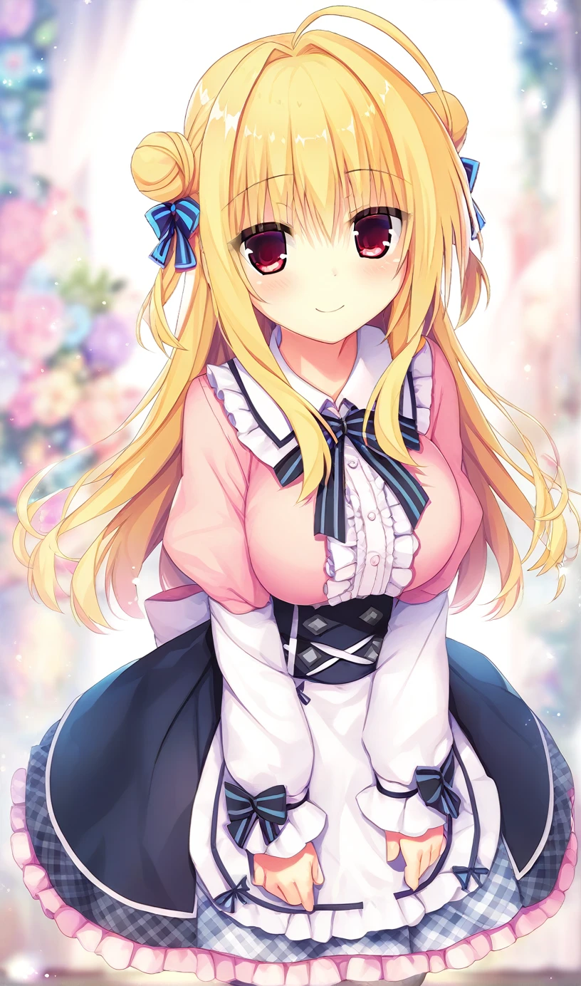 hiyori-default,red eyes,blonde hair, double bun,ahoge,skirt,shirt,long_sleeves,bow,very_long_hair,hair_bow,frills,puffy_sleeves,collared_shirt,(black_skirt:1.4),dress_shirt,black_bow,depth_of_field,lace_trim,puffy_long_sleeves,(pink_shirt:1.4),emphasis_lines,jiraikei_fashion,thighhighs,smiling