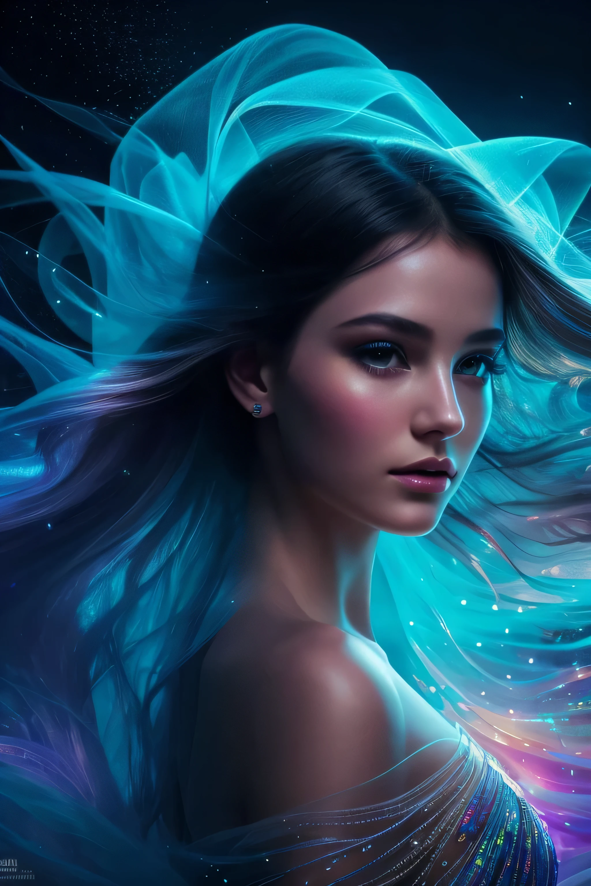 Highly detailed CG Unity 8k wallpaper, top quality, Super detailed, table top, realistic, photo-realistic, Highly detailed cute girl, 25 years old, ,, whole body, ,big breasts,black eye,rubber dress In this breathtakingly stunning 4K masterpiece, a single, ethereal female silhouette stands out against a dark background, her beautifully detailed face illuminated by neon lights and shimmering particles. Her long eyelashes frame her piercing gaze, which seems to cut through the darkness, as if beckoning the viewer into her mystical world. Her translucent skin glows softly, while her flowing, delicate clothes billow around her sinuous figure like a wispy mist. The artist's masterful brushstrokes weave together vibrant CMYK hues, imbuing the portrait with depth and dimension. As the backlit glow radiates an enchanting aura, this fantastical, dreamlike scene is frozen in time, inviting the viewer to step into its surreal realm.