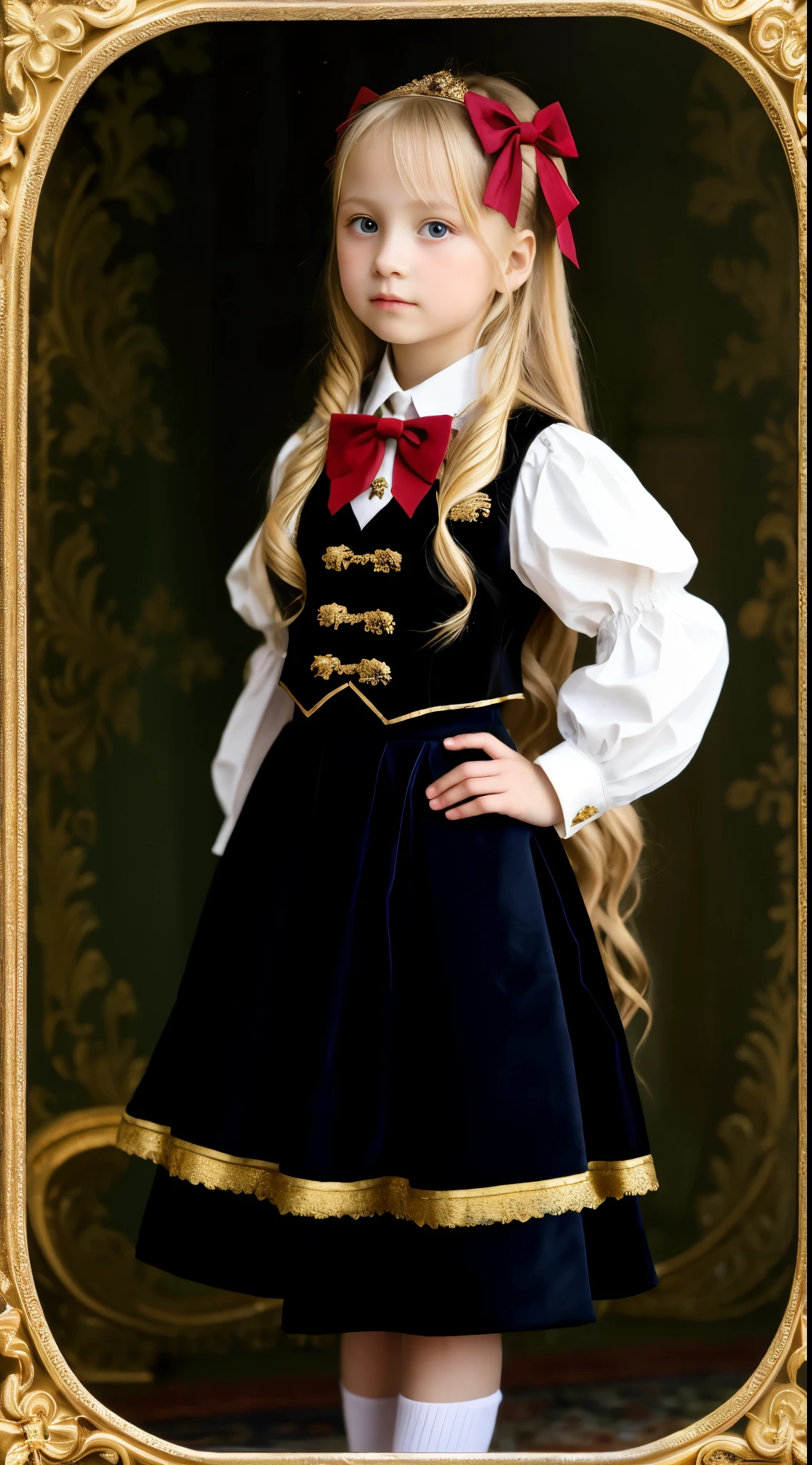 Russian,  , Portrait , Long blonde hair and bow，Layered skirt，Noble，opulent，cropped shoulders