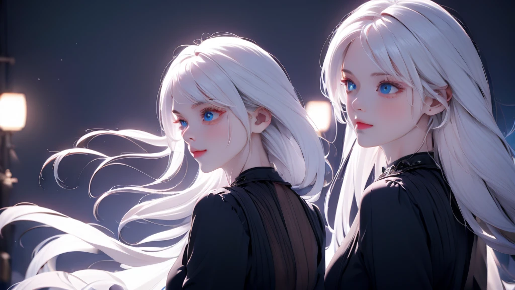 1 Girl, medium light white hair, light blue eyes, wearing Black Suit 4D , night TOWN , high res, ultrasharp, 8K, masterpiece, looking from behind
