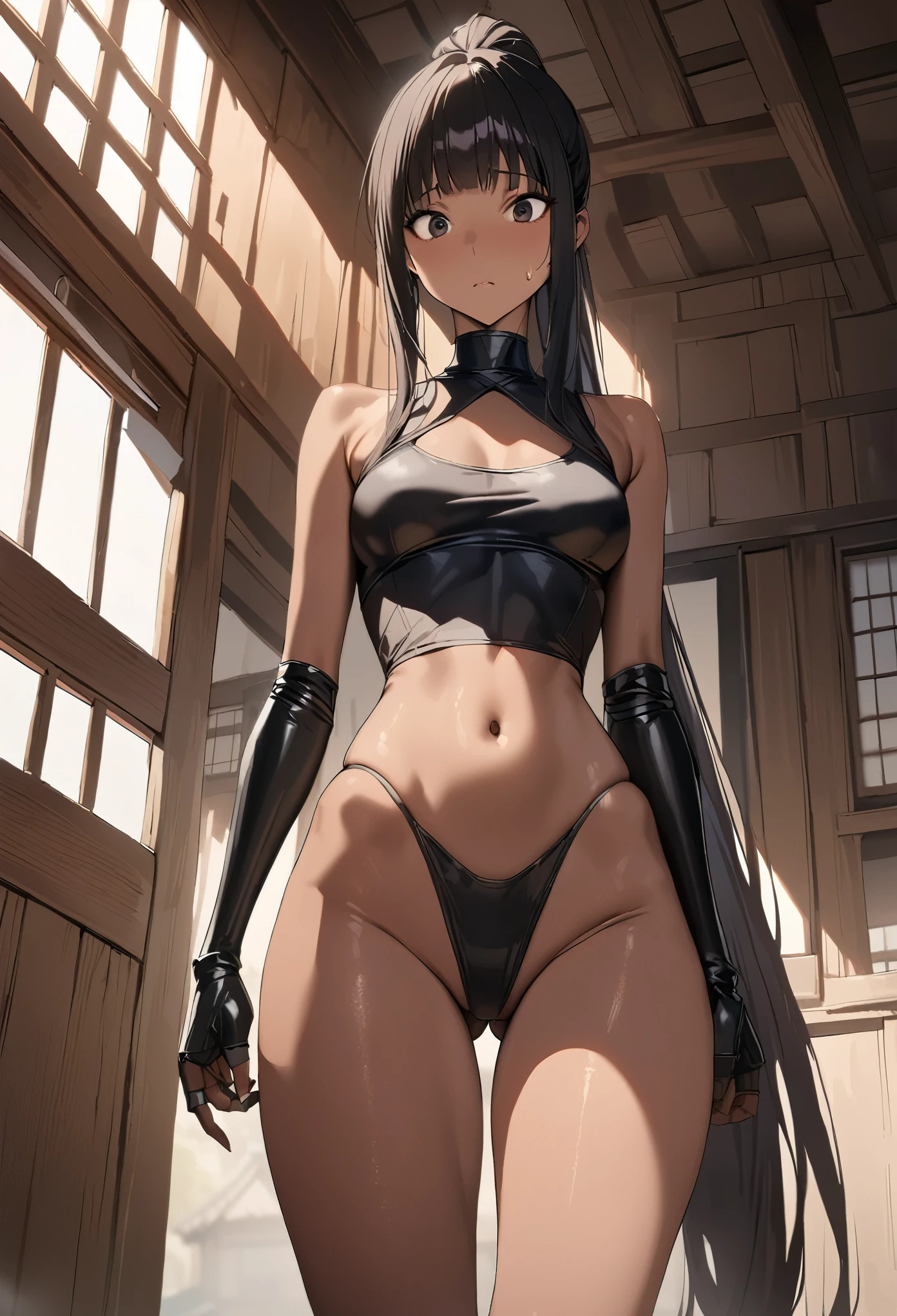 Action Scenes、((masterpiece,best quality anime,Highest quality:1.3)),realistic,cowboy shot,(25 year old beauty),Female ninja、1woman,独奏,((very small head:1.4)),((very long body:1.3)),black hair,bangs,(long ponytail hair),gorgeous big eyes,black eyes,,((tan skin:1.4)),((slender body:1.3,skinny)),medium breasts,gleaming skin,shiny skin,((black loincloth:1.3,Black tube top shirt、navel、Black leather gauntlets,black_thighhighs)),Holding a Japanese sword、sweat:1.3, fighting stance、Roof of a Japanese house、at night、Moonlit Night、