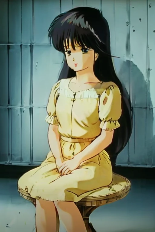 Madoka Ayukawa in a wicker armchair, 8k, manga style, long black hair, grands yeux bleus