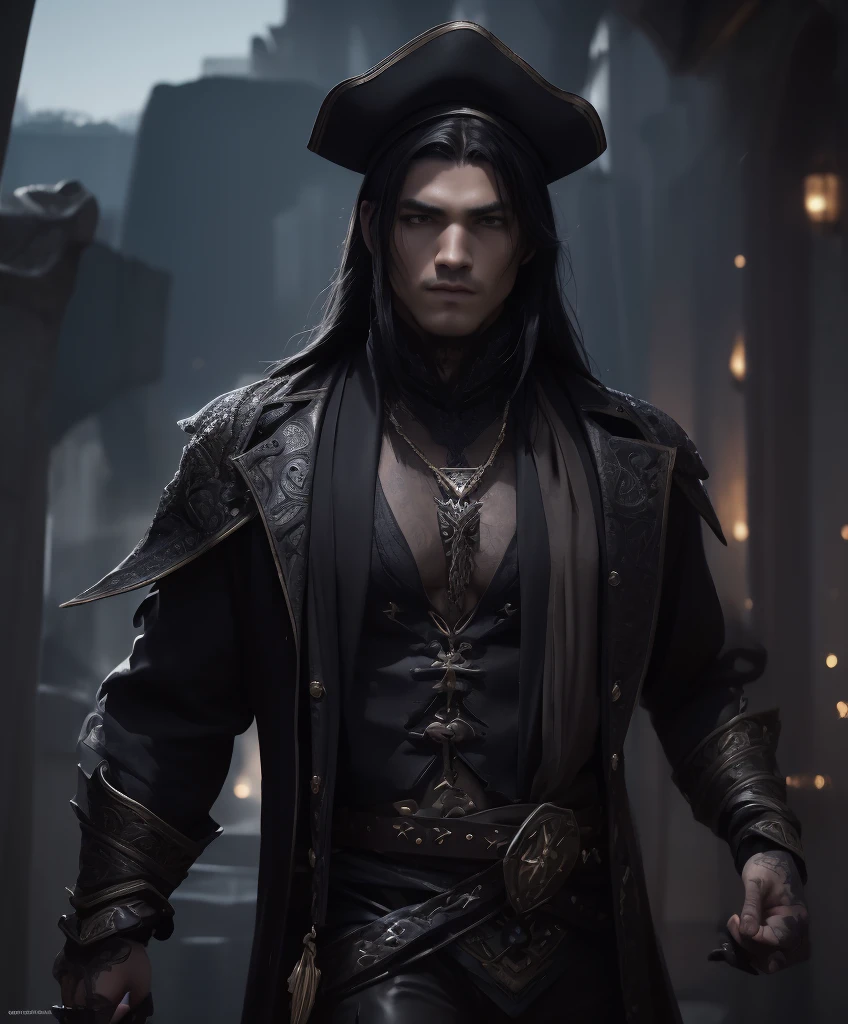 (((Single character image.))) (((Solo focus.))) score_9, score_8_up, score_7_up,Human male warrior with long black hair, dark pirate-swashbuckler fashion and a sinister appearance like that of a villain.  Dark complexion.  Attractive male features.  Focus on upper body, face and hair  He is well-dressed, very attractive and alluring, wearing expensive fine fantasy clothes.  He prefers dark colors.   Sinister charm and charisma.   Very fit and muscular.  He has a look that inspires devotion. Background is an eerie port town with pirate ships. hyper detailed, gothic art, trending on artstation,intricate details, ultra detailed,, ultra detailed clothes, epic masterpiece, ultra detailed, intricate details,  award winning, fantasy art concept masterpiece, trending on Artstation, digital art, unreal engine, 8k, ultra HD, centered image A sense of despair is sensed in the image., best quality:1.0,hyperealistic:1.0,photorealistic:1.0,madly detailed CG unity 8k wallpaper:1.0,masterpiece:1.3,madly detailed photo:1.2, hyper-realistic lifelike texture:1.4, picture-perfect:1.0,8k, HQ,best quality:1.0,