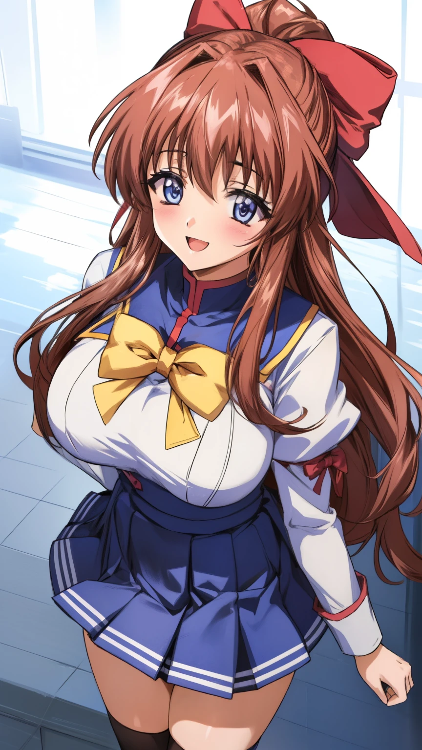 Anime illustration Aoikan, 1 person, Hair Ribbon, school uniform, Long sleeve, bow tie, Blue Skirt,Big Breasts、 blush, Cute Smile Open your mouth, Are standing, From above, She lifts her skirt with her hands., I can see her panties Skirt Lift, High Knee Socks Two Arms