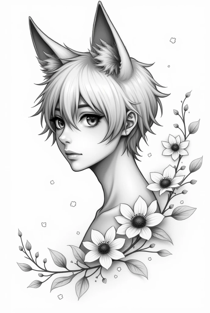 masterpiece, superlative, fox ears, male , solo, bust closeup, flower line drawing background, white background, monochrome, line drawing, ((sketch))