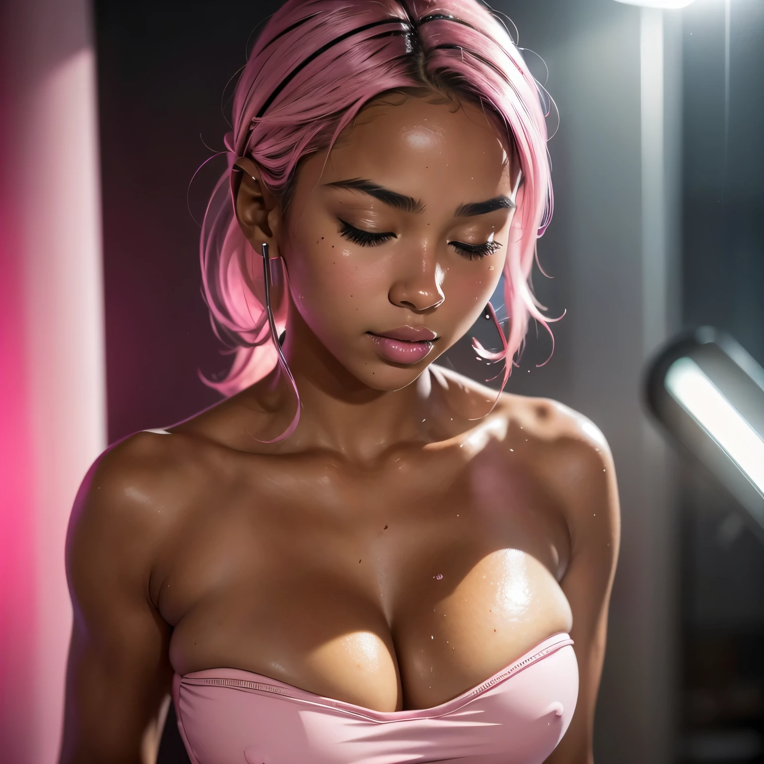 1girl, head phones, under pink bubble water, (18 years old), (Latina), dark skin, wide shot, (pink strapless dress), (Masterpiece, Professional lighting, 16k, 8k wallpaper, raw photo, photorealistic:1.8, ultra detailed, natural lighting, detailed skin sexy pose, open mouth, big lips, view from above, night time, eyes closed, pink light, steam, pink foam