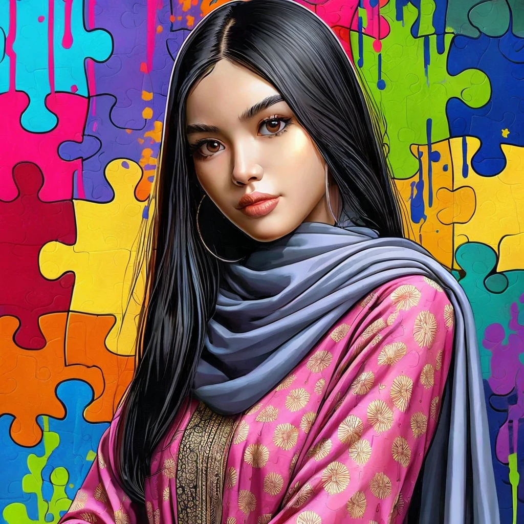 an artistic digital pro portrait of a young philipinos woman with long straight and flowing black hair, She has striking brown eyes with a confident expression pose. slightly rounded and clean face, The woman is wearing a pink color Muslim abaya dress patterned with small gold flowers. In the background, large and vivid colorful puzzle pieces in interlocking shades of blue, yellow, purple, red, green and black, some paint drips, adding an abstract and dynamic feel to the scene. The overall style should be bold, vibrant, and slightly stylized, focusing on the interaction of color and shape,hyperrealism,uhd,8k,