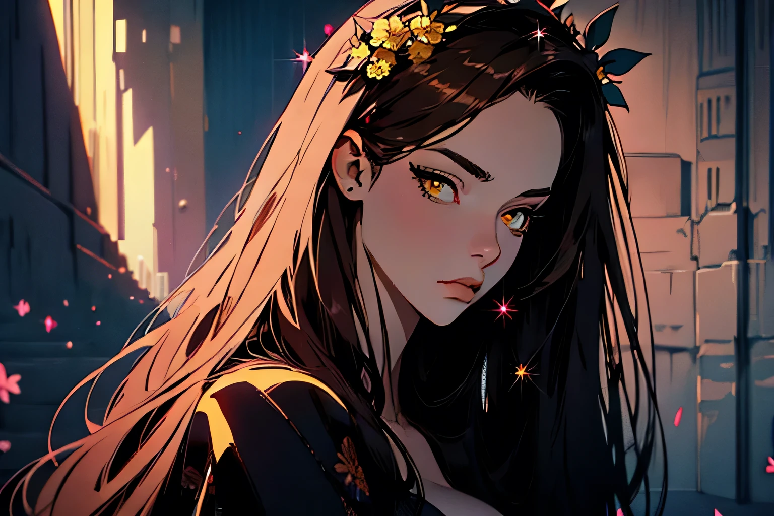 hyper-realistic of a mysterious woman with flowing dark hair, piercing yellow eyes, and a delicate floral crown, backwards, looking back, upper body, sexy