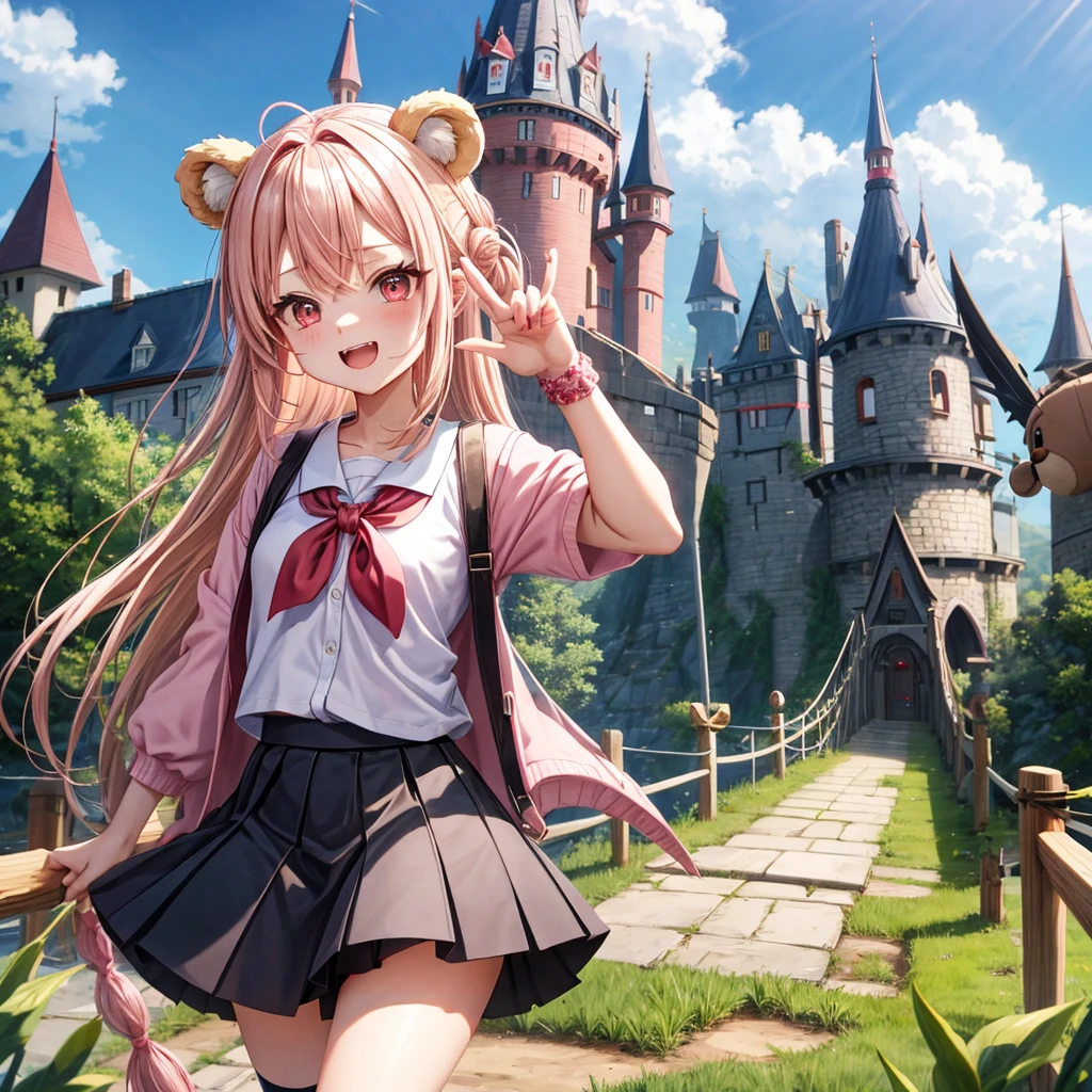 Pink Blonde、Red eyes、Hair tied up、Two cute、Checked mini skirt、black t-shirts、cardigan、Knee-high socks、bear ears baseball cap、Teeth are visible、Monster Castle、Tilting face、crossing the bridge、hazakura、windmill、grass、Stones are growing out of the ground.、impregnable、A teddy bear is walking
