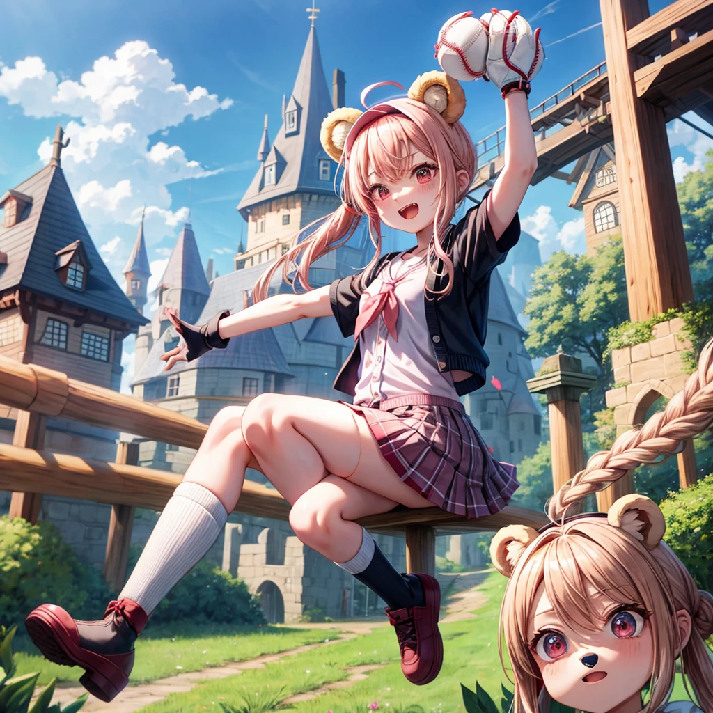 Pink Blonde、Red eyes、Hair tied up、Two cute、Checked mini skirt、black t-shirts、cardigan、Knee-high socks、bear ears baseball cap、Teeth are visible、Monster Castle、Tilting face、crossing the bridge、hazakura、windmill、grass、Stones are growing out of the ground.、impregnable、A teddy bear is walking