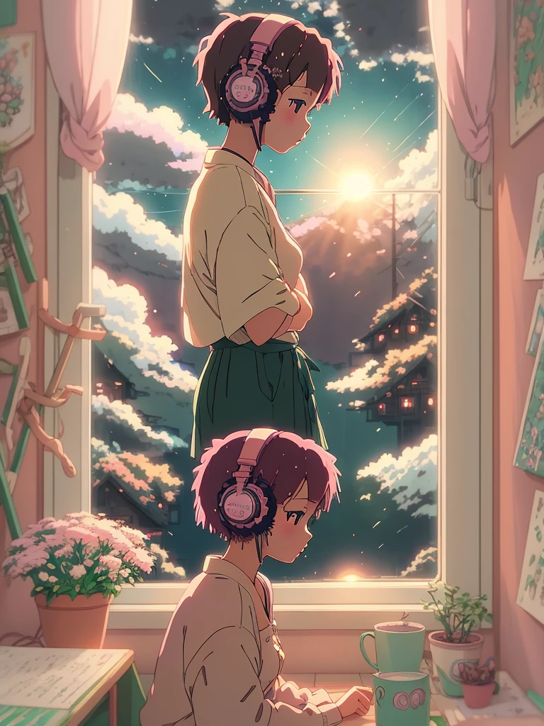 Anime style, (dreamlikeart), (soft focus), cozy room setting, girl with headphones, [(Lofi beats:1.3)|ambient music], (anime art), [(cherry blossoms|bookshelf:0.5)], [reflective surface:0.8], [(pastel colors:1.2)|subdued tones], [(attention to details:1.1)], [illustration:0.7], [(Studio Ghibli style:1.4)], (anime character design), [window light], [(subtle shadows:0.9)], [(subdued atmosphere:1.2)|calm ambiance], [(trending on Pixiv:1.2)], [(anime community approved:1.1)], [(Anime Expo:1.3)], [ethereal glow], [(focus on eyes:1.1)], [(character illustration:0.8)], [(soft artstyle)], [(nostalgic feeling:1.2)], [(character sitting:0.7)], [(artistic details:1.1)], [(melancholic mood:1.3)], [(attention to clothing details:1.2)], [(hair flow:1.1)], [(unique headphones design:1.2)], [(vivid background elements:1.1)], [(anime genre:lofi:1.4)], [(trending on DeviantArt:1.1)], [(inspired by Makoto Shinkai:1.2)], [(cyberpunk infusion:0.9)], [(rainy day vibe:1.2)], [(subtle bokeh:1.1)], [(anime girl pose:0.9)], [(artistic expression:1.2)], [(harmony in color palette:1.1)], [(wistful mood:1.2)], [(detailed room decor:1.1)], [(trending on ArtStation:1.1)], [(illustration challenge entry:1.3)] , 1girl