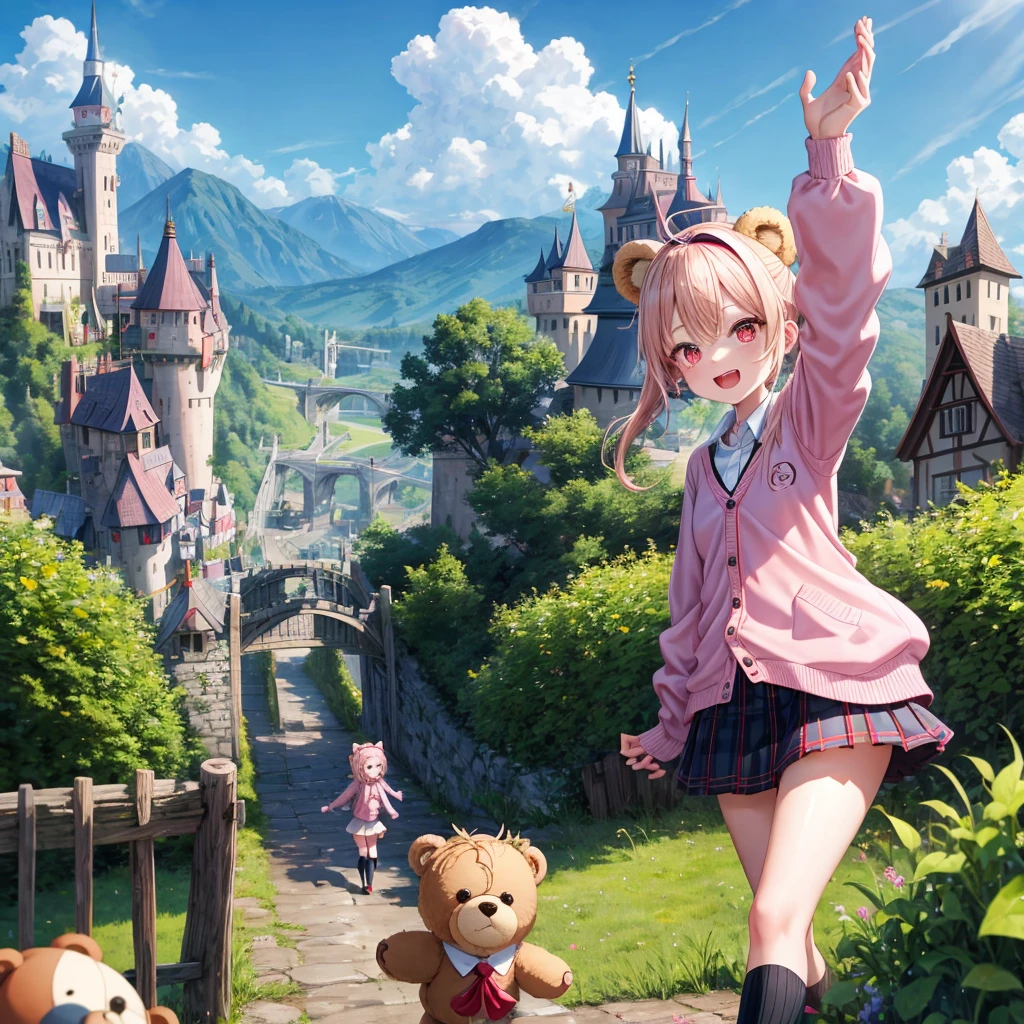 Pink Blonde、Red eyes、Hair tied up、Two cute、Checked mini skirt、black t-shirts、cardigan、Knee-high socks、bear ears baseball cap、Teeth are visible、Monster Castle、Tilting face、crossing the bridge、hazakura、windmill、grass、Stones are growing out of the ground.、impregnable、A teddy bear is walking