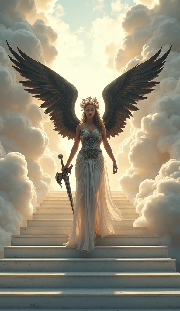 angel, Kate Beckinsale, age 25, platinum blonde hair, halo, large pair of white wings, sheer silk dress, holy corona, majestic pose, cathedral, crowded, intricate details, cinematic lighting, dramatic, photorealistic, 8k, masterpiece
