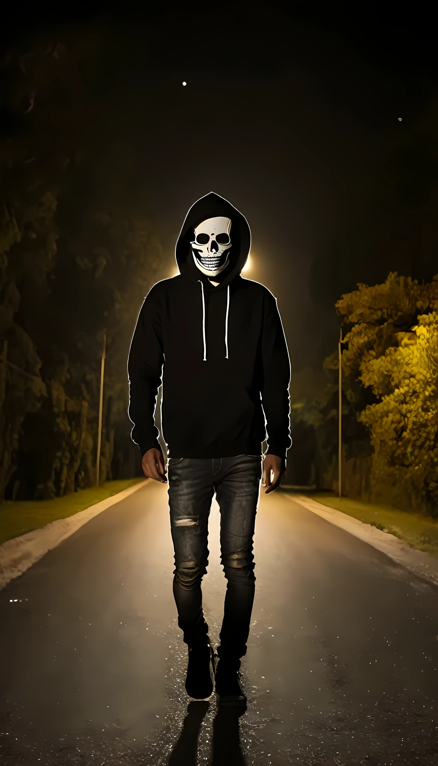 a skeleton wearing black hoodie and jeans was walking at a lonely road of at night time