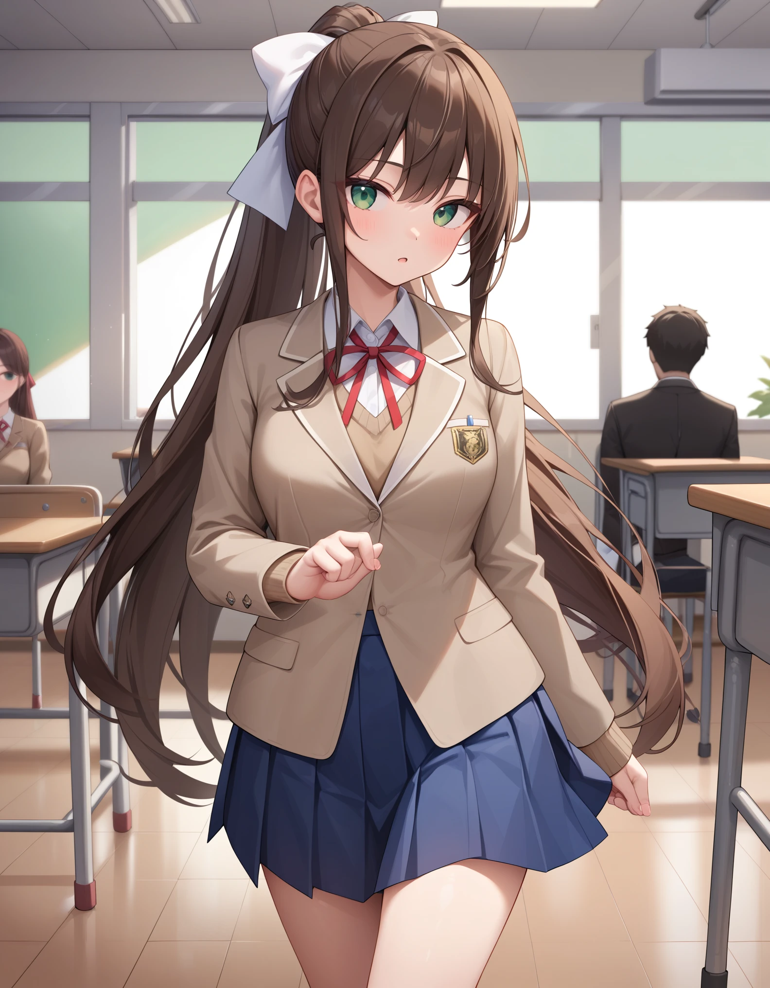 masterpiece, best quality, hd, detailed green eyes, brown hair, very long hair, ponytail, hair ribbon, white ribbon, school uniform, brown blazer, brown sweater, closed jacket, collared shirt,red neck ribbon, blue pleated skirt, walking, standing, indoor, classroom